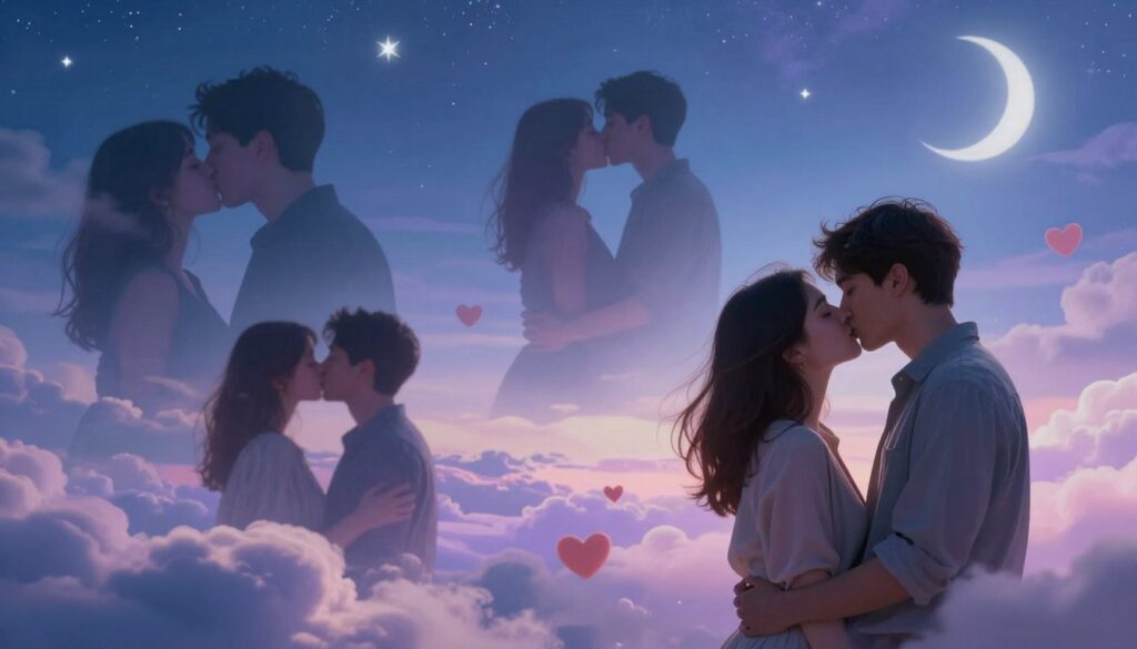 A surreal scene depicting various interpretations of dreams about kisses. In the foreground, a couple dressed in modest casual clothing leans in for a tender kiss, surrounded by swirling vibrant dreamlike imagery, such as floating hearts and soft clouds. In the middle ground, fragmented silhouettes of different couples, each representing distinct emotions associated with kissing—joy, longing, surprise—hover among a softly glowing landscape. In the background, abstract representations of dream elements like a night sky filled with stars and a soft crescent moon, bathed in gentle blue and lavender tones. The mood is ethereal and introspective, illuminated by soft, diffused lighting that enhances the dreamlike quality of the scene. The angle captures a slightly elevated perspective, inviting the viewer to explore the layers of meaning behind the dreamlike interpretations of kissing.
