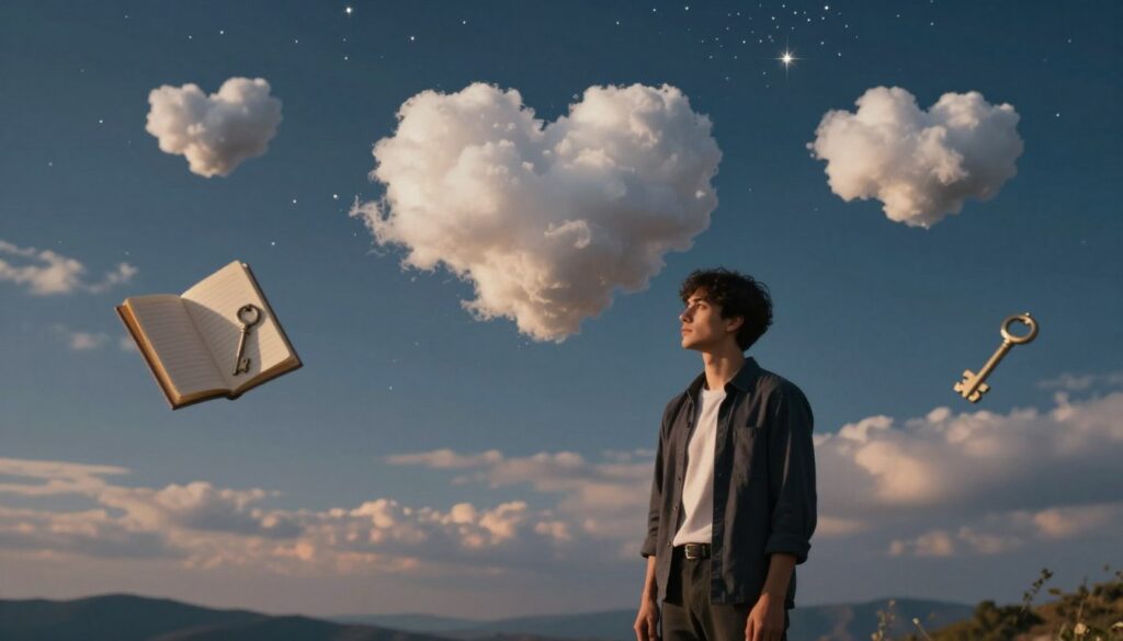 A tranquil dreamscape capturing the essence of emotional life and relationships. In the foreground, a young man in smart casual attire stands thoughtfully, gazing into the distance, symbolizing introspection and unspoken feelings. The middle layer features soft, surreal elements like floating clouds shaped like hearts and symbolic objects like a journal and a key, representing dreams and emotions. The background showcases a serene night sky filled with twinkling stars, bathing the scene in a gentle, ethereal glow. The lighting is soft and warm, evoking a sense of calm and contemplation, while the overall mood is reflective and evocative, inviting viewers into a deeper understanding of emotional experiences and the significance of dreams. A tranquil dreamscape capturing the essence of emotional life and relationships. In the foreground, a young man in smart casual attire stands thoughtfully, gazing into the distance, symbolizing introspection and unspoken feelings. The middle layer features soft, surreal elements like floating clouds shaped like hearts and symbolic objects like a journal and a key, representing dreams and emotions. The background showcases a serene night sky filled with twinkling stars, bathing the scene in a gentle, ethereal glow. The lighting is soft and warm, evoking a sense of calm and contemplation, while the overall mood is reflective and evocative, inviting viewers into a deeper understanding of emotional experiences and the significance of dreams.