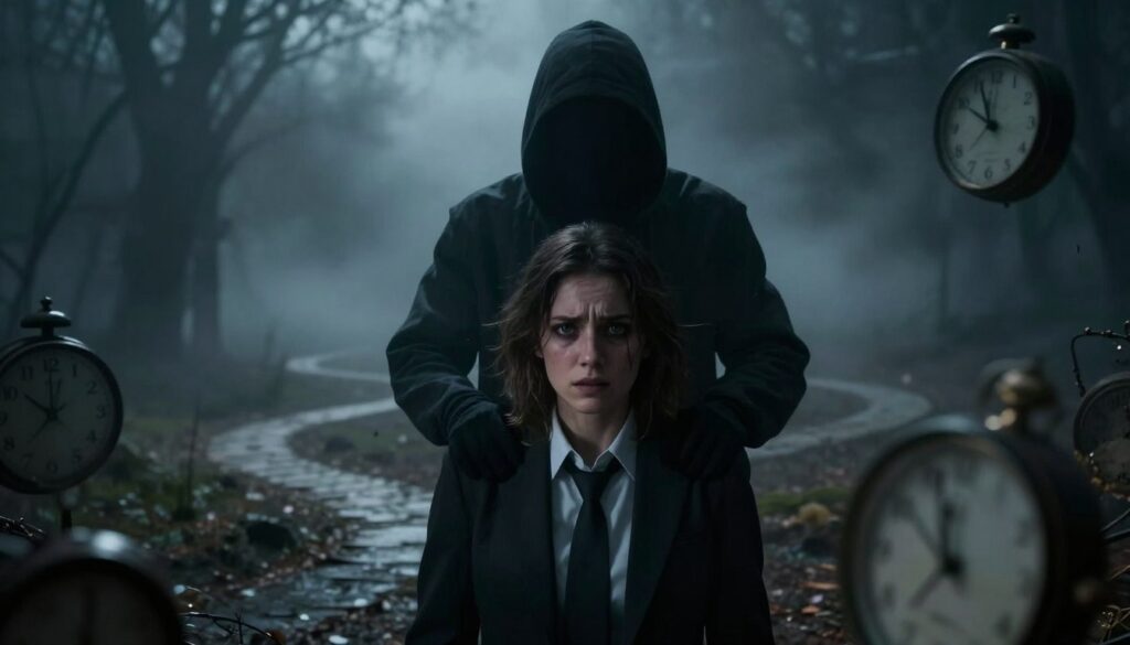 A dark, atmospheric dreamscape featuring a shadowy figure symbolizing a captor, partially obscured by mist. The captured individual, dressed in modest business attire, appears distressed yet resolute, with an expression conveying the struggle against loss of control. The foreground focuses on the intense gaze of the captor, their face partially illuminated by an eerie light, creating a sense of dominance. Surrounding the figure are surreal elements like distorted clocks and blurred silhouettes representing chaos and urgency. The middle ground fades into a landscape of twisted paths, signifying confusion and entrapment. The background fades into darkness, amplifying the sense of fear and uncertainty. The overall mood is tense and gripping, with soft, dramatic lighting enhancing the emotional impact. A dark, atmospheric dreamscape featuring a shadowy figure symbolizing a captor, partially obscured by mist. The captured individual, dressed in modest business attire, appears distressed yet resolute, with an expression conveying the struggle against loss of control. The foreground focuses on the intense gaze of the captor, their face partially illuminated by an eerie light, creating a sense of dominance. Surrounding the figure are surreal elements like distorted clocks and blurred silhouettes representing chaos and urgency. The middle ground fades into a landscape of twisted paths, signifying confusion and entrapment. The background fades into darkness, amplifying the sense of fear and uncertainty. The overall mood is tense and gripping, with soft, dramatic lighting enhancing the emotional impact.
