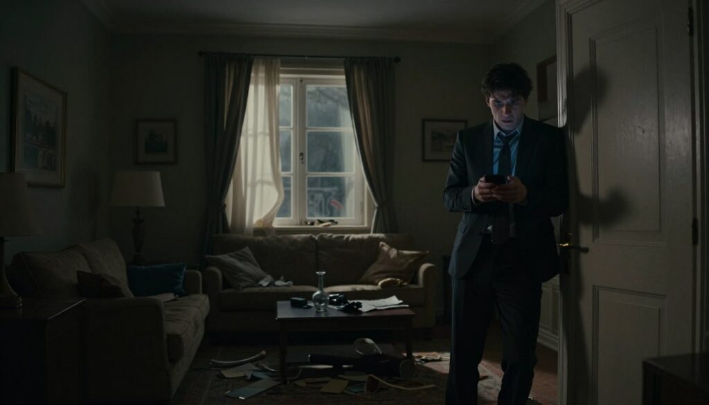 A dimly lit, shadowy interior of a living room, suggesting an atmosphere of unease and anxiety. In the foreground, a figure in professional business attire, looking tense and alarmed, stands frozen by the living room door, clutching their phone, hinting at a sense of violation and vulnerability. In the middle ground, an open window sways slightly, with curtains billowing as if a thief might have just slipped out, enhancing the feeling of intrusion. The background reveals a disheveled room with scattered belongings, a knocked-over vase, and a subtle hint of darkness encroaching from the corners, creating a foreboding mood. Soft, cinematic lighting casts dramatic shadows, invoking emotions of fear and uncertainty surrounding the concept of theft and loss. A dimly lit, shadowy interior of a living room, suggesting an atmosphere of unease and anxiety. In the foreground, a figure in professional business attire, looking tense and alarmed, stands frozen by the living room door, clutching their phone, hinting at a sense of violation and vulnerability. In the middle ground, an open window sways slightly, with curtains billowing as if a thief might have just slipped out, enhancing the feeling of intrusion. The background reveals a disheveled room with scattered belongings, a knocked-over vase, and a subtle hint of darkness encroaching from the corners, creating a foreboding mood. Soft, cinematic lighting casts dramatic shadows, invoking emotions of fear and uncertainty surrounding the concept of theft and loss.
