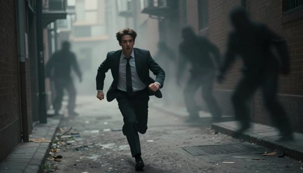 A dramatic scene depicting a figure in professional attire running away from dark shadows looming in an alley, representing abstract threats. The foreground features the figure, with a focused expression, emphasizing urgency. In the middle ground, the alley narrows, with mist swirling around, creating an air of uncertainty. The background is filled with faint outlines of menacing shapes, suggesting unknown dangers lurking. Soft, diffused lighting illuminates the figure, casting long shadows and enhancing the tension. The overall mood is one of anxiety and determination, capturing the essence of escaping from perceived threats in dreams. The angle is slightly tilted to convey a sense of disorientation and urgency.