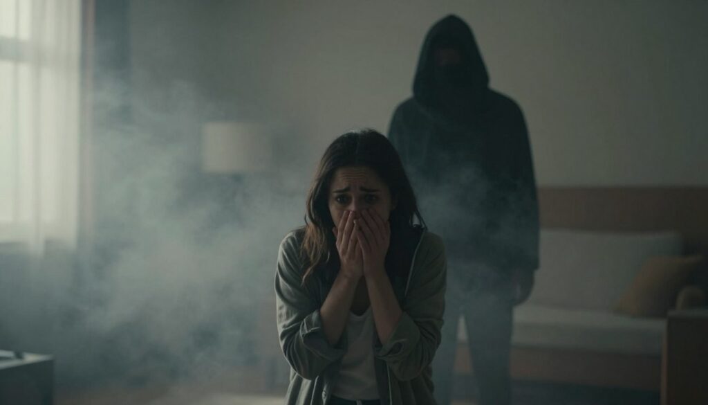 A dream-like scene illustrating the emotional turmoil of a loved one being abducted, positioned in the foreground are two figures: one representing a distressed individual, wearing modest casual clothing, with an expression of fear and sorrow; the other, a shadowy figure in the background, symbolizing the captor, cloaked in darkness. The middle ground features a swirling mist, suggesting confusion and loss of control, with muted colors representing anxiety. Surrounding this eerie setting are soft, ethereal lights filtering through, casting ghostly shadows that enhance the somber atmosphere. The background fades into an abstract representation of a familiar room, distorted to evoke feelings of helplessness. The overall mood conveys a haunting sense of vulnerability and despair, capturing the essence of a nightmare about losing a loved one. A dream-like scene illustrating the emotional turmoil of a loved one being abducted, positioned in the foreground are two figures: one representing a distressed individual, wearing modest casual clothing, with an expression of fear and sorrow; the other, a shadowy figure in the background, symbolizing the captor, cloaked in darkness. The middle ground features a swirling mist, suggesting confusion and loss of control, with muted colors representing anxiety. Surrounding this eerie setting are soft, ethereal lights filtering through, casting ghostly shadows that enhance the somber atmosphere. The background fades into an abstract representation of a familiar room, distorted to evoke feelings of helplessness. The overall mood conveys a haunting sense of vulnerability and despair, capturing the essence of a nightmare about losing a loved one.