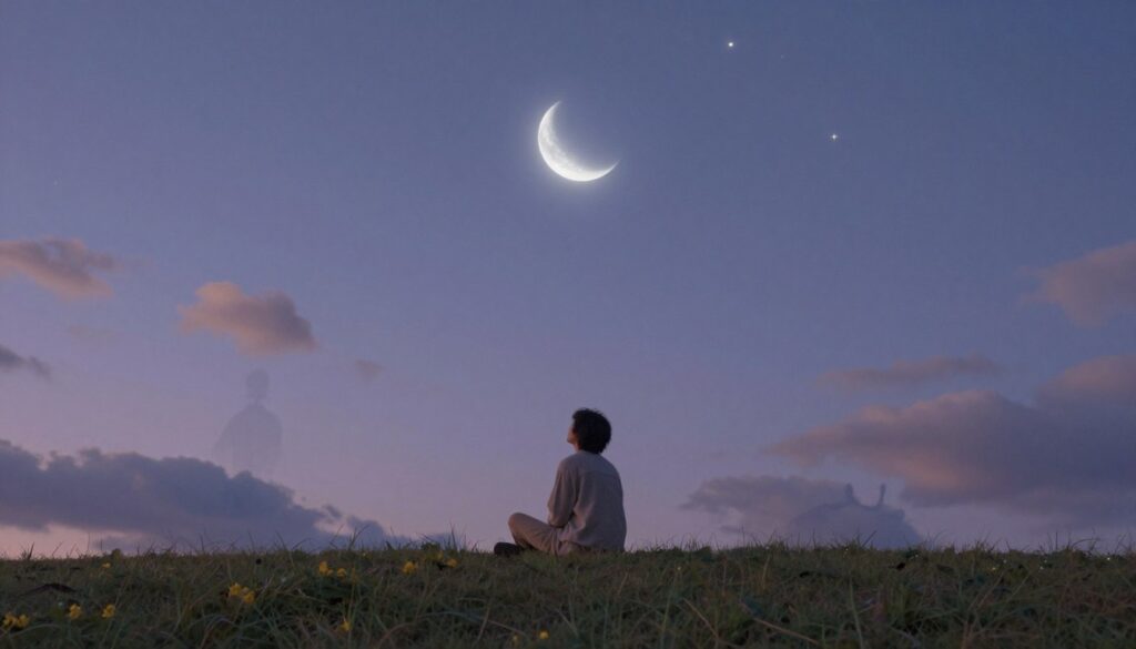 A dreamlike landscape that embodies the concept of cultural context in dreams, featuring a serene night sky filled with softly glowing stars and a gentle crescent moon. In the foreground, a tranquil figure wearing modest, casual clothing sits cross-legged on a grassy hill, gazing thoughtfully at the sky. Around them, ethereal wisps of dream-like imagery, such as muted clouds and faint silhouettes of human figures, representing personal experiences and cultural symbols. The color palette is soft and calming, with shades of blue, purple, and hints of gold. The lighting is soft, emanating from the moon, creating a peaceful and introspective atmosphere. The angle captures the figure centrally with a wide view of the sky, evoking a sense of wonder and contemplation. A dreamlike landscape that embodies the concept of cultural context in dreams, featuring a serene night sky filled with softly glowing stars and a gentle crescent moon. In the foreground, a tranquil figure wearing modest, casual clothing sits cross-legged on a grassy hill, gazing thoughtfully at the sky. Around them, ethereal wisps of dream-like imagery, such as muted clouds and faint silhouettes of human figures, representing personal experiences and cultural symbols. The color palette is soft and calming, with shades of blue, purple, and hints of gold. The lighting is soft, emanating from the moon, creating a peaceful and introspective atmosphere. The angle captures the figure centrally with a wide view of the sky, evoking a sense of wonder and contemplation.