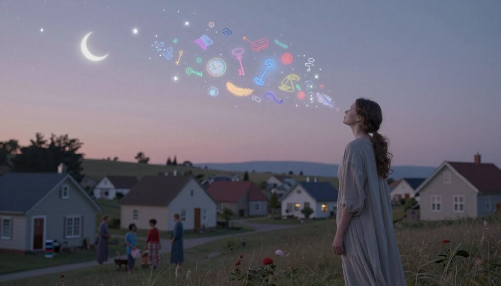 A dreamlike landscape that symbolizes the concept of dreams and cultural interpretation. In the foreground, depict an ethereal figure representing a dreamer, dressed in modest, flowing attire, gazing thoughtfully at a swirling mist of colorful dream symbols like keys, clocks, feathers, and abstract shapes. In the middle ground, illustrate a serene neighborhood scene with quaint houses and friendly interactions between neighbors, conveying a sense of community and connection. The background features a twilight sky filled with soft, glowing stars and a crescent moon, enhancing the mystical atmosphere. Utilize soft diffused lighting to create a calm, reflective mood. The angle should capture both the dreamer and the neighborhood, blending the idea of personal dreaming with the broader societal context.