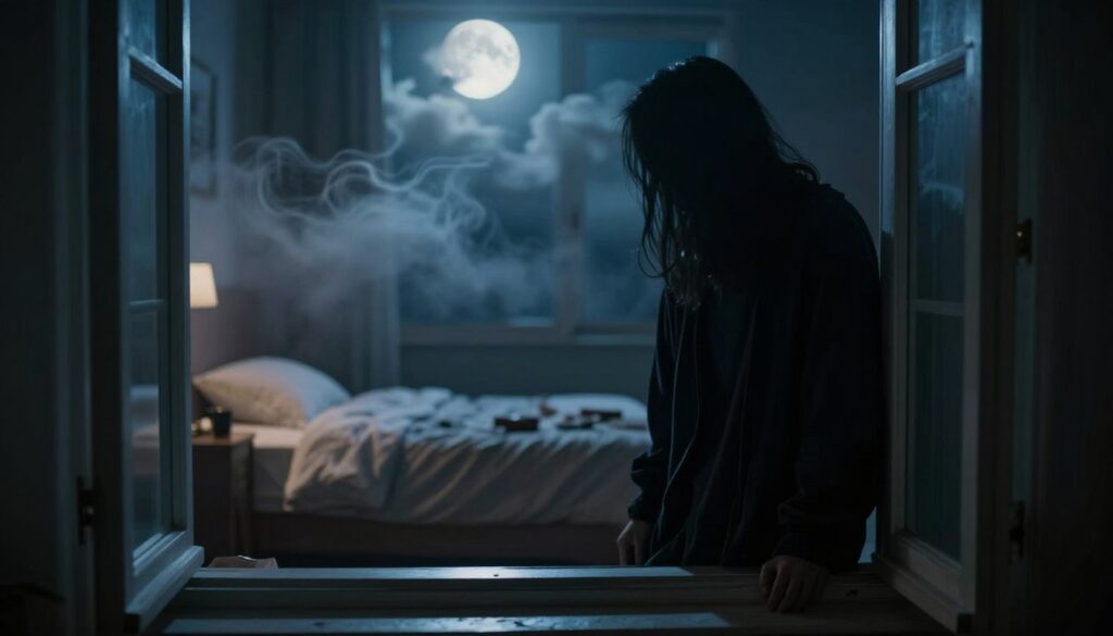 A dreamlike scene capturing the symbolism of theft in a dream dictionary. In the foreground, a shadowy figure, dressed in modest dark clothing, lurks near an open window, their form blending into the darkness. The middle layer features a cozy, dimly lit bedroom, with scattered personal belongings hinting at a sense of loss and vulnerability. A soft, ethereal light filters in, casting eerie shadows and creating an atmosphere of mystery and tension. In the background, a moonlit night sky accentuates the surreal feeling, with wisps of clouds flowing by. The composition should evoke unease and contemplation, enhancing the theme of vulnerability and the symbolism surrounding theft in dreams. The focus should be sharp, with a shallow depth of field to draw attention to the figure while softly blurring the surrounding space. A dreamlike scene capturing the symbolism of theft in a dream dictionary. In the foreground, a shadowy figure, dressed in modest dark clothing, lurks near an open window, their form blending into the darkness. The middle layer features a cozy, dimly lit bedroom, with scattered personal belongings hinting at a sense of loss and vulnerability. A soft, ethereal light filters in, casting eerie shadows and creating an atmosphere of mystery and tension. In the background, a moonlit night sky accentuates the surreal feeling, with wisps of clouds flowing by. The composition should evoke unease and contemplation, enhancing the theme of vulnerability and the symbolism surrounding theft in dreams. The focus should be sharp, with a shallow depth of field to draw attention to the figure while softly blurring the surrounding space.