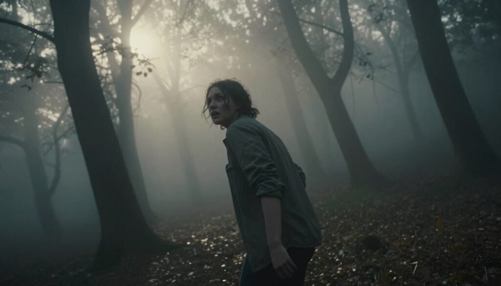 A dreamlike scene depicting a figure escaping through a foggy, dimly lit forest. In the foreground, a person dressed in modest casual clothing looks back with a sense of urgency and determination, their face reflecting a mix of fear and liberation. In the middle ground, shadowy trees loom with distorted shapes, adding to the sense of chaos and confusion. The background features a soft, misty glow as the sunlight tries to break through the fog, creating an ethereal atmosphere. The lighting is moody, casting long shadows and adding depth to the scene. The overall mood combines tension and hope, symbolizing the inner struggle of escaping fears and anxieties. The angle of the scene is slightly tilted, enhancing the feeling of disorientation.