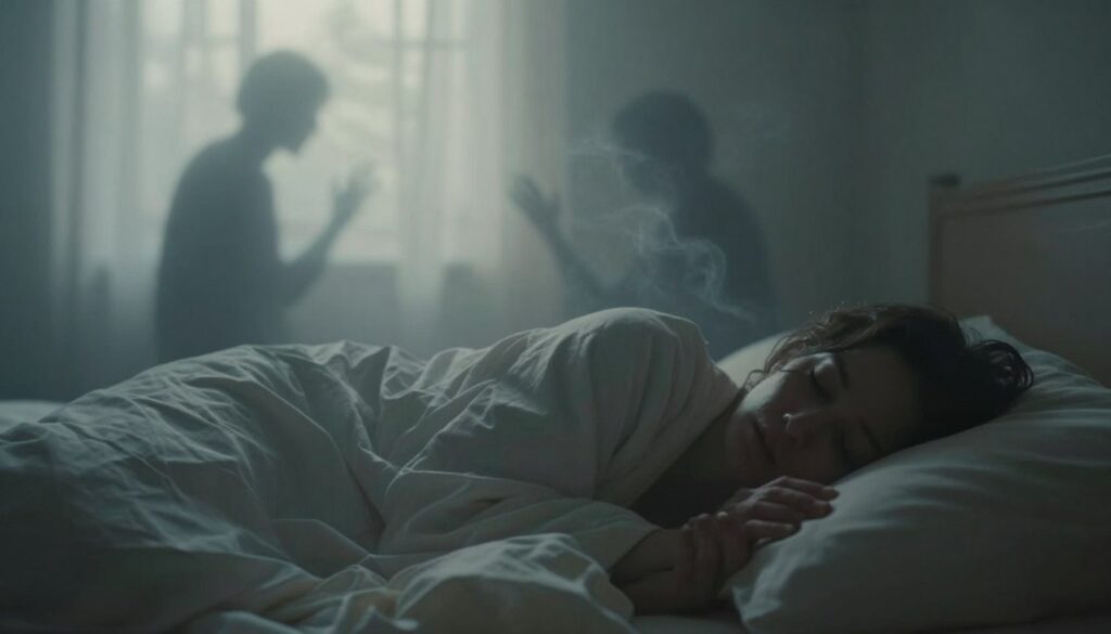 A dreamlike scene illustrating the concept of "cry for help in sleep". In the foreground, a figure wrapped in soft, ethereal bedding, one hand reaching out as if grasping for support, eyes closed in a peaceful yet troubled expression. In the middle ground, shadowy silhouettes representing abstract emotions, drifting away like wisps of smoke. The background bathes the scene in a gentle, moonlit glow, with soft, muted colors creating a tranquil yet somber atmosphere. Delicate light filters through translucent curtains, casting intricate patterns on the wall. The lens captures a slightly angled view, enhancing the feeling of depth and vulnerability. The overall mood suggests a haunting beauty, evoking a sense of yearning and subtle distress within the calm of sleep.