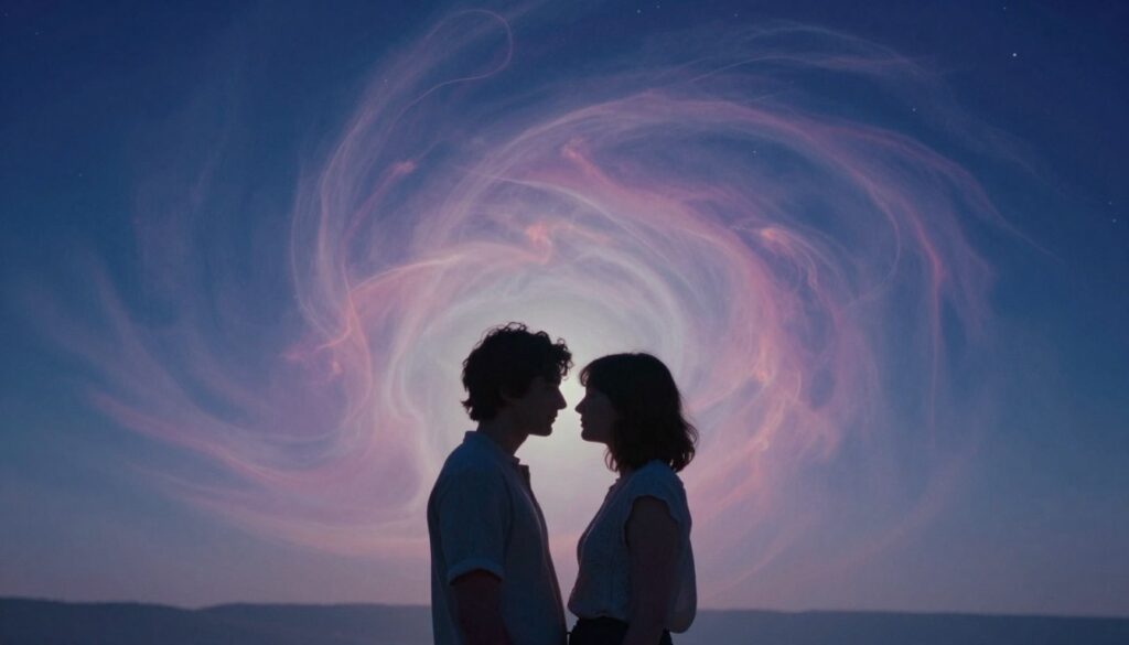 A dreamlike scene illustrating the theme of emotions and relationships in erotic dreams. In the foreground, two figures, dressed in modest casual clothing, stand closely together, sharing a moment of intimate eye contact, conveying deep emotional connection. The middle layer features a soft, ethereal swirl of colors representing the complexity of dreams—hues of deep blues, purples, and pinks blend together, evoking a sense of mystery and spirituality. In the background, a tranquil abstract landscape fades into a starry night sky, enhancing the dreamlike quality. The lighting should be soft and diffuse, creating a gentle, intimate atmosphere as if illuminated by moonlight. Capture the mood of introspection and emotional depth, emphasizing connection and the subconscious exploration of intimacy. A dreamlike scene illustrating the theme of emotions and relationships in erotic dreams. In the foreground, two figures, dressed in modest casual clothing, stand closely together, sharing a moment of intimate eye contact, conveying deep emotional connection. The middle layer features a soft, ethereal swirl of colors representing the complexity of dreams—hues of deep blues, purples, and pinks blend together, evoking a sense of mystery and spirituality. In the background, a tranquil abstract landscape fades into a starry night sky, enhancing the dreamlike quality. The lighting should be soft and diffuse, creating a gentle, intimate atmosphere as if illuminated by moonlight. Capture the mood of introspection and emotional depth, emphasizing connection and the subconscious exploration of intimacy.