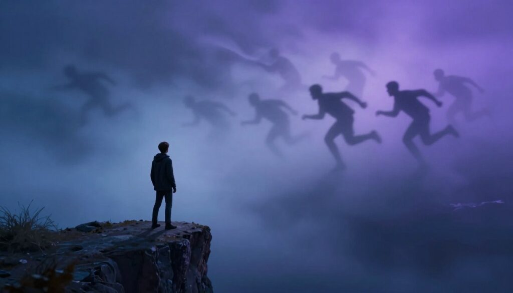 A dreamscape depicting the emotions associated with dreams of escape. In the foreground, a figure stands at the edge of a cliff, gazing into a vast, swirling mist filled with ethereal forms symbolizing fear and anxiety. The middle ground features shadowy figures rushing towards the figure, representing the chase or pursuit. The background is a gradient of dark blues and purples, with hints of light breaking through, creating a surreal atmosphere. Soft, diffused lighting adds a sense of tension, while an overhead view emphasizes the overwhelming nature of the dream. The overall mood is one of urgency and unease, capturing the essence of escape in dreams.