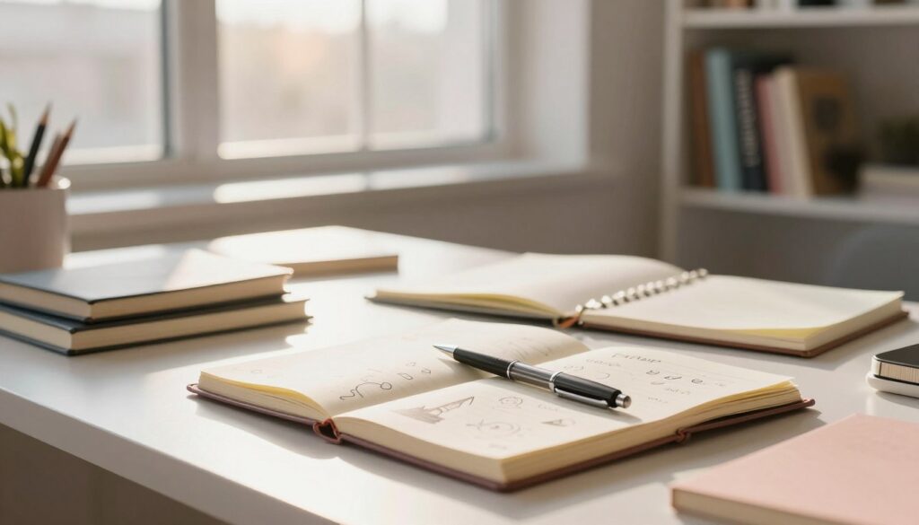 A peaceful, illuminated workspace featuring a modern office desk cluttered with dream journals and note pads, symbolizing the practice of analyzing erotic dreams. In the foreground, an open dream journal with a pen resting on it, revealing abstract doodles and symbols representing dreams. The middle ground showcases a large window with soft, warm sunlight streaming in, casting gentle shadows across the room, invoking a sense of calm reflection. In the background, a bookshelf filled with psychology books and dream interpretation texts adds depth. The atmosphere is serene and contemplative, with soft pastel colors to evoke a thoughtful mood. The scene captures the essence of introspection and the analysis of dreams with a focus on creativity and understanding. A peaceful, illuminated workspace featuring a modern office desk cluttered with dream journals and note pads, symbolizing the practice of analyzing erotic dreams. In the foreground, an open dream journal with a pen resting on it, revealing abstract doodles and symbols representing dreams. The middle ground showcases a large window with soft, warm sunlight streaming in, casting gentle shadows across the room, invoking a sense of calm reflection. In the background, a bookshelf filled with psychology books and dream interpretation texts adds depth. The atmosphere is serene and contemplative, with soft pastel colors to evoke a thoughtful mood. The scene captures the essence of introspection and the analysis of dreams with a focus on creativity and understanding.