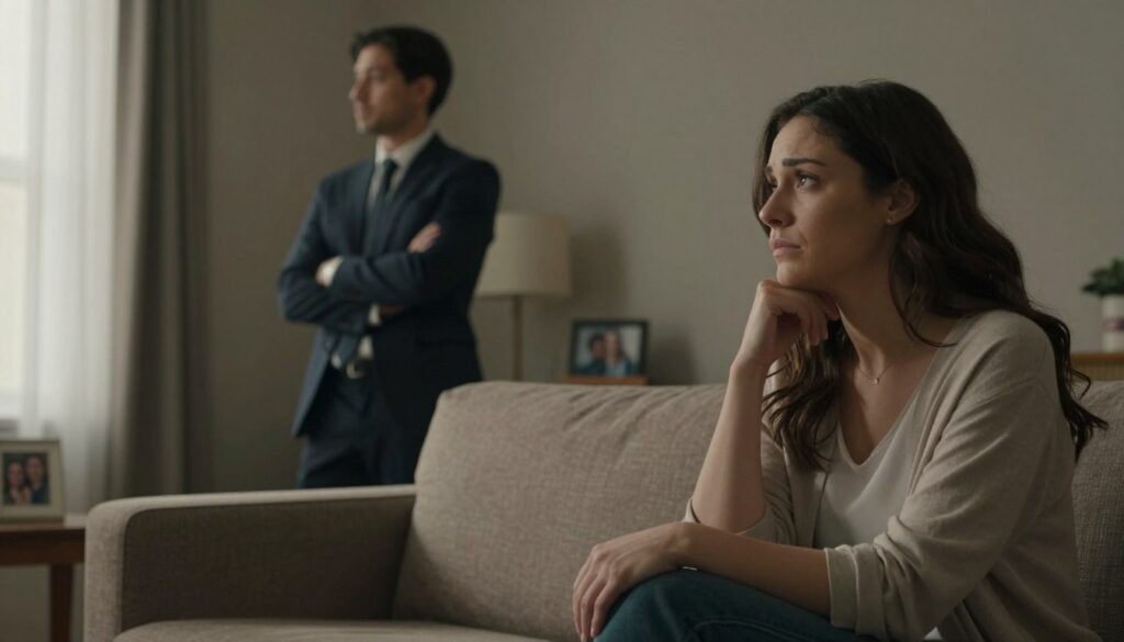 A poignant scene depicting the emotional turmoil of a couple at the moment of parting in a marriage, set in a softly lit living room. In the foreground, a woman in modest casual clothing sits on a couch, her expression a mix of sadness and contemplation, looking towards her partner. In the middle ground, the man in professional business attire stands with his arms crossed, his face showing regret and tension, gazing out the window. The background features a dimly lit room with muted colors, symbolizing a sense of loss; perhaps a photo of happier times is visible on a nearby table. Soft, warm lighting creates an intimate atmosphere, while the camera angle captures both subjects in a slightly tilted perspective, emphasizing the emotional weight of the moment.