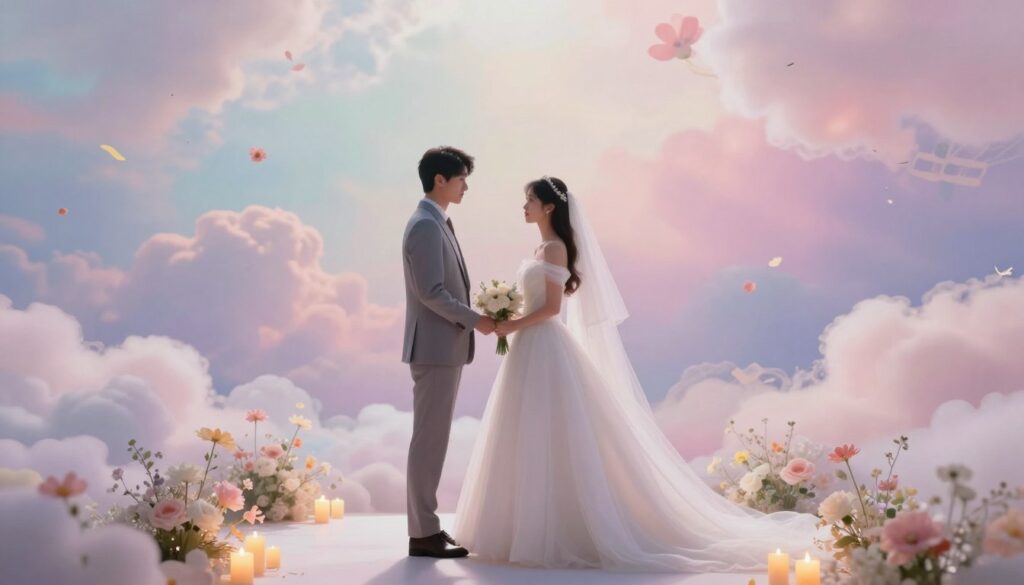 A reflective scene depicting a dreamlike wedding setting with a bride in a flowing, ethereal white gown, standing at the altar. She gazes wistfully at her former partner, dressed in a sharp, modest suit, with an expression of nostalgia. Surrounding them, soft pastel colors blend in a whimsical backdrop of clouds and floating flowers, symbolizing memories and emotions associated with past relationships. The foreground features delicate wedding decor—an elegant bouquet and softly glowing candles—casting gentle light on the scene. The lighting is soft and dreamy, creating an atmosphere of introspection and longing. Use a wide-angle lens to capture the expansive, surreal quality of the dream, emphasizing the emotional weight of the moment.