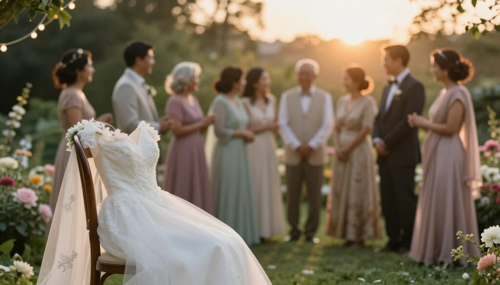 A serene and dreamlike wedding scene, focusing on the cultural significance of weddings in various traditions. In the foreground, a symbolic white wedding dress elegantly draped over a vintage wooden chair, adorned with delicate floral accents. In the middle, a soft and ethereal backdrop featuring a diverse group of people in modest formal wear, representing different cultures celebrating the concept of marriage, exchanging warm smiles and gestures that convey joy and unity. The background fades into a lush garden setting with blooming flowers and gentle fairy lights, casting a warm golden glow as the sun sets. The atmosphere is peaceful and reflective, evoking the universal emotions associated with love and commitment. Capture this scene using soft focus and warm lighting to enhance the dreamlike quality.