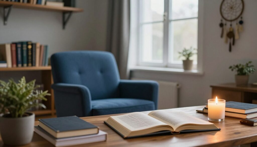 A serene and inviting study room that reflects the practice of dream analysis. In the foreground, a wooden desk is scattered with journals, an open dream dictionary, and a lit candle, casting warm light. The middle ground features a comfortable armchair upholstered in deep blue fabric, inviting contemplation. A large window in the background allows natural light to flood in, illuminating a shelf lined with psychology books and decorative dreamcatchers. Soft, diffused light creates a calm atmosphere, with shadows gently playing on the walls. The overall mood is reflective and introspective, perfect for deepening one's understanding of dreams. A potted plant adds a touch of nature, enhancing the tranquility of the space.