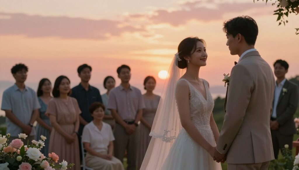 A serene and romantic dreamscape depicting a wedding scene symbolizing commitment and marriage. In the foreground, a couple stands hand-in-hand at an altar adorned with delicate flowers, each wearing elegant and modest attire, their expressions radiating love and connection. The middle ground features a soft, blurred gathering of friends and family witnessing the moment, with gentle smiles and warm emotional expressions. The background showcases a picturesque sunset sky, painted in shades of orange and pink, casting a golden glow over the scene. The composition should evoke a dreamy and hopeful atmosphere, captured with soft focus and warm lighting, as if viewed through a slightly blurred lens to enhance the ethereal feel of a dream.