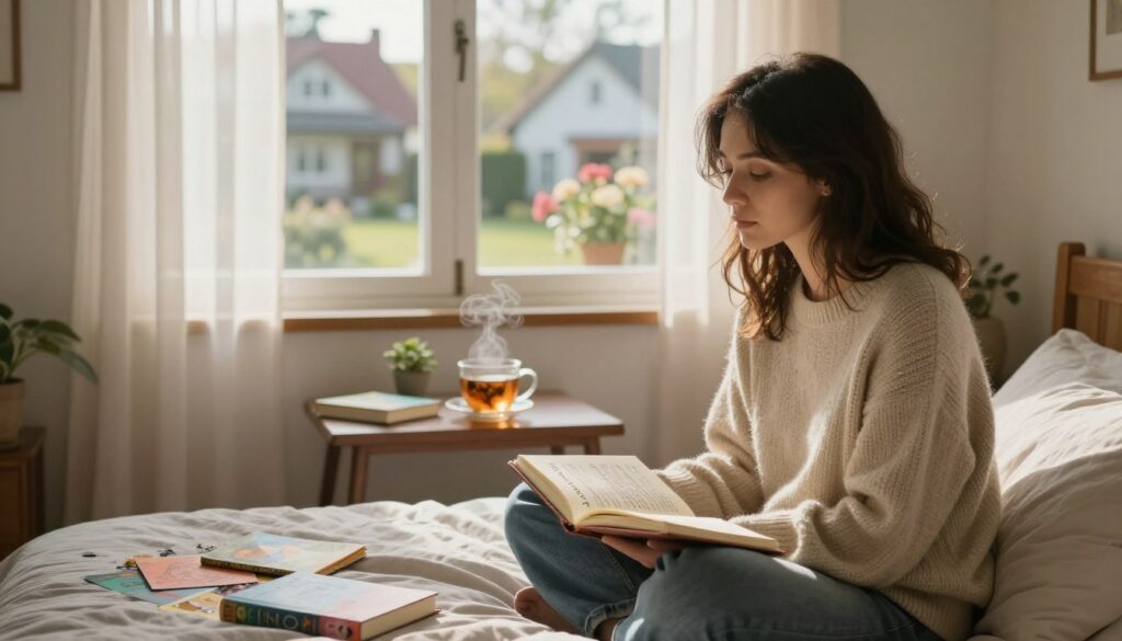 A serene bedroom scene illuminated by soft morning light filtering through sheer curtains. In the foreground, a thoughtful woman in a cozy sweater sits cross-legged on her bed, a dream journal open on her lap, reflecting on a dream about her neighbor. Behind her, a window reveals a peaceful neighborhood with quaint houses and blooming gardens, creating a warm and inviting atmosphere. The middle ground features a small table with a steaming cup of herbal tea and a scattering of colorful dream interpretation books. The overall mood is introspective and calm, conveying a sense of curiosity and reflection as she seeks to analyze the meaning of her dream.