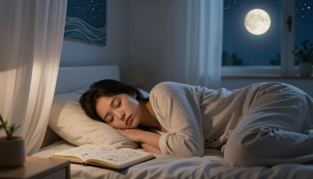 A serene bedroom setting at night, illuminated by soft, warm moonlight filtering through sheer curtains. In the foreground, a person is peacefully asleep in bed, their expression calm and relaxed, wearing modest, comfortable sleepwear. On the nightstand beside them, an open dream journal filled with notes and sketches, symbolizing reflection on dreams. In the middle-ground, a wall adorned with calming artwork that represents peaceful dreams, such as gentle waves or starlit skies. The background features a window revealing a tranquil night sky with twinkling stars, hinting at the vastness of the subconscious. The mood is tranquil and introspective, promoting a sense of safety and comfort, as if suggesting practical tips to cope with unsettling dreams.