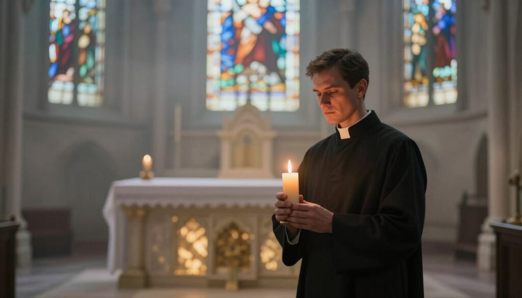 A serene dreamlike scene depicting a priest in an ethereal, softly lit environment. In the foreground, the priest, dressed in a classic black robe, stands with a contemplative expression, holding a lit candle that gently illuminates his face. In the middle ground, a misty church altar with faint golden light reflecting off ancient stone, surrounded by flickering shadows, adds depth. The background features softly blurred stained glass windows casting colorful but subtle light patterns, evoking a spiritual ambiance. The overall mood should be introspective and tranquil, capturing themes of spirituality and inner conflict. Use a shallow depth of field to focus on the priest, with soft bokeh in the background to enhance the dreamlike quality.