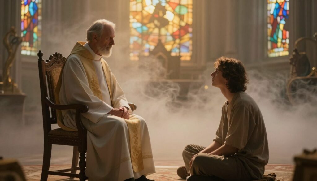 A serene dreamscape depicting a conversation between a priest and a contemplative individual in a softly lit, ethereal environment. In the foreground, the priest, dressed in traditional clerical attire, sits on an ornate wooden chair, his expression calm and wise. He engages with the dreamer, who is dressed in modest, casual clothing, seated on the ground, looking up with a thoughtful gaze. The middle ground is filled with gentle, flowing mist that envelops them, creating a feeling of intimacy. In the background, soft, blurred images of a church interior and abstract, dreamlike shapes evoke a spiritual atmosphere. The lighting is warm and golden, filtering through imagined stained glass, casting colorful patterns around them, enhancing the mood of reflection and tranquility.