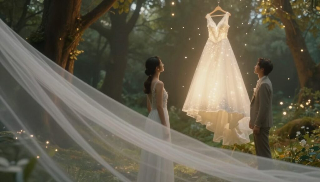 A serene dreamscape illustrating the influence of wedding dreams on life decisions. In the foreground, a translucent bridal veil drifts gently in the air, symbolizing unresolved aspirations. In the middle ground, a couple in smart casual attire stands, looking thoughtfully at a glowing, ethereal wedding dress suspended in the air, surrounded by soft, shimmering light. The background features a blurred mystical forest, filled with glowing orbs of light that represent thoughts and possibilities. The scene is bathed in warm, soft lighting, evoking a sense of nostalgia and contemplation. The mood should feel reflective yet hopeful, capturing the essence of dreams guiding one's choices in life. Use a soft focus lens effect to enhance the dreamlike atmosphere.
