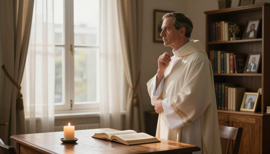A serene interior scene depicting a priest, dressed in modest clerical attire, standing thoughtfully in a cozy living room. In the foreground, a wooden table adorned with a candle and an open book, symbolizing spirituality and reflection. The middle ground features the priest gazing out of a large window, where soft, warm daylight filters through sheer curtains, casting gentle shadows across the room. The background shows a bookshelf filled with spiritual texts and framed photographs, contributing to a feeling of warmth and contemplation. The atmosphere is calm and introspective, evoking the themes of spirituality and moral reflection as the priest connects with a deeper meaning in his domestic space. The image should have a soft focus, emphasizing a tranquil and peaceful mood.