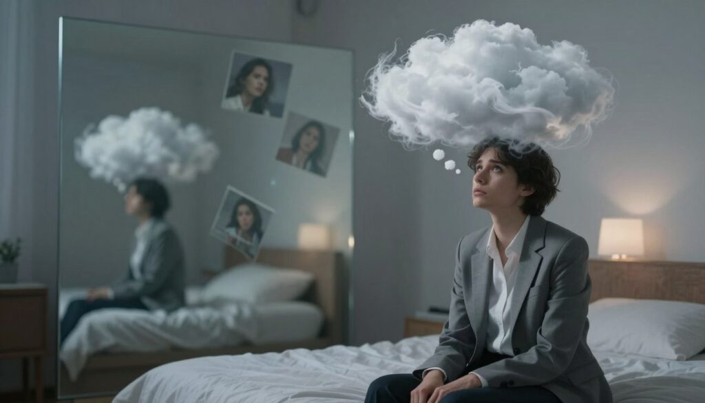 A surreal, dreamlike scene depicting the psychological aspects of dreams related to suicide. In the foreground, a figure dressed in modest, professional attire sits on a bed, with a contemplative expression, staring blankly into a thought bubble above their head filled with swirling clouds, symbolic of anxiety and despair. The middle ground features a translucent mirror reflecting fragmented images of memories and emotions, hinting at inner turmoil. The background is a dimly lit room with soft, ethereal lighting, casting gentle shadows, enhancing the feeling of isolation. The atmosphere is somber yet introspective, evoking a sense of searching for understanding and hope amidst darkness. Use a soft focus lens effect to create a dream-like quality to the entire composition.