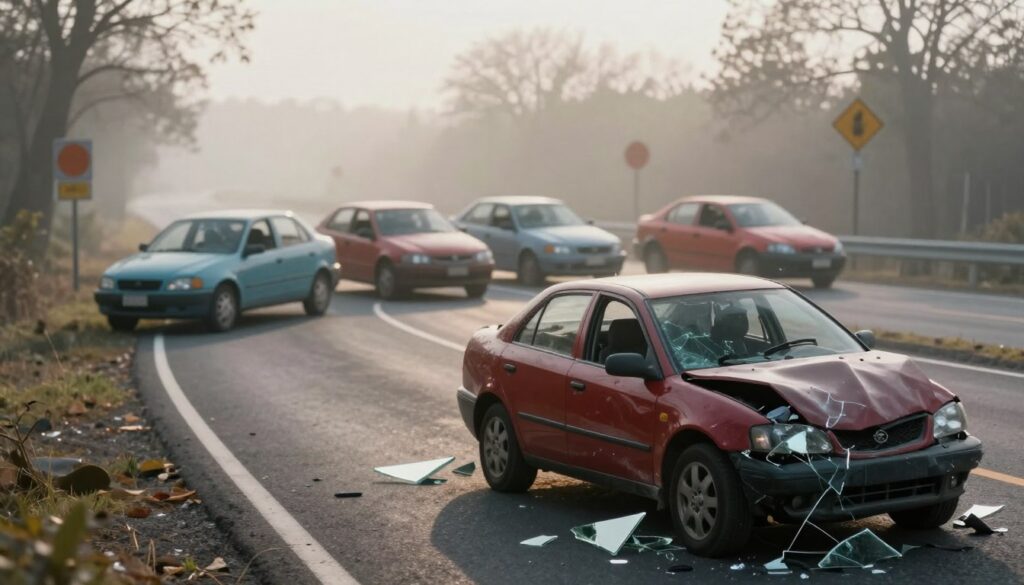 A surreal dreamscape depicting car accidents to illustrate dream scenarios. In the foreground, a vivid depiction of a crumpled car, shards of glass reflecting fractured light, positioned at an awkward angle on a winding road. In the middle ground, multiple dream-like vehicles merge as if caught in a time loop, with whimsical colors blending together, creating an eerie contrast against the car wreck. The background showcases a hazy landscape with blurred street signs and ghostly silhouettes of trees, shrouded in mist, enhancing the dreamlike quality. Soft, diffused lighting casts long shadows, evoking a mood of unease and contemplation. The overall atmosphere should resonate with the subconscious fears and warnings associated with car accidents, inviting viewers to reflect on the deeper meanings behind such dreams.