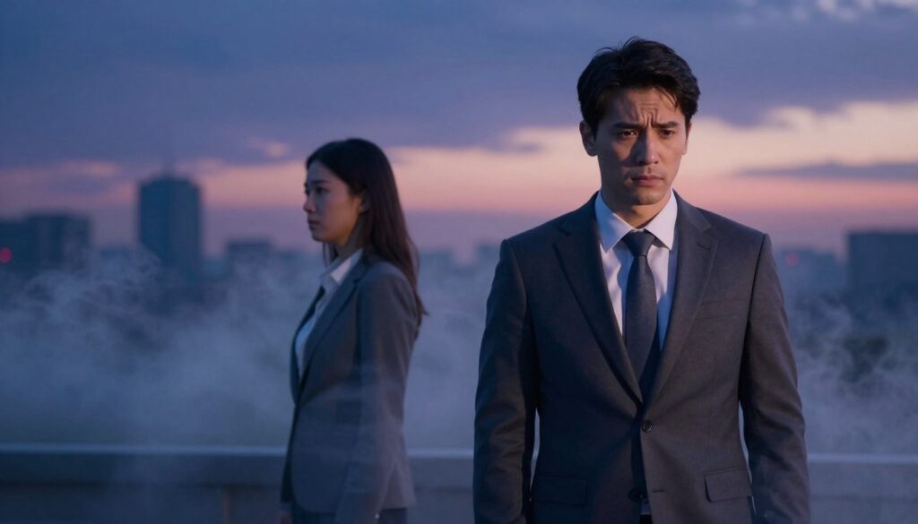 A surreal dreamscape depicting the theme of betrayal, with a focus on a couple experiencing emotional distance. In the foreground, a man in professional attire stands with a conflicted expression, casting a shadow that hints at secrecy. The middle ground features a woman, also in modest business clothing, looking pensive and slightly turned away, symbolizing unspoken feelings. Ethereal wisps of mist swirl around them, creating a dream-like atmosphere. In the background, a faded city skyline under a twilight sky conveys a sense of longing and mystery. Soft lighting from an unseen source casts a warm glow, enhancing the emotional tension, while the overall color palette blends deep blues and purples, evoking feelings of uncertainty and introspection.