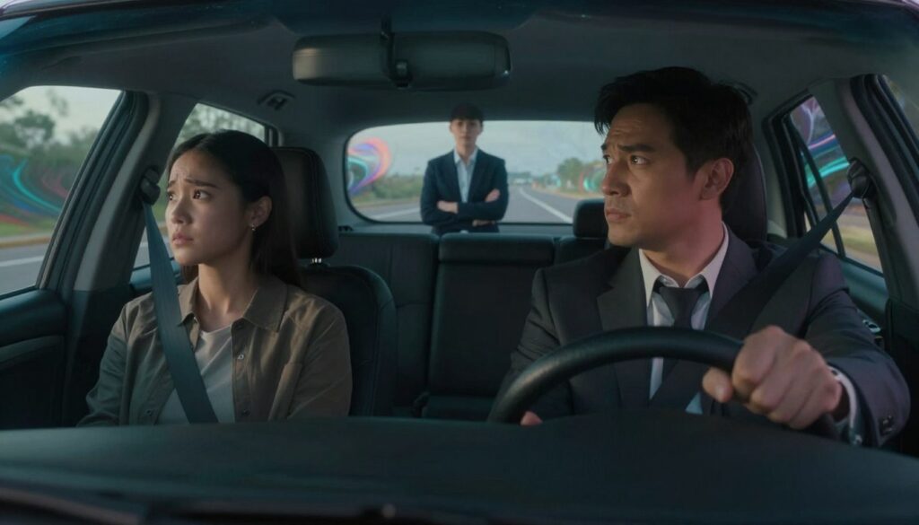 A surreal dreamscape depicting three roles of participants in a car accident dream scenario. In the foreground, a professional-looking driver, wearing a smart suit, grips the steering wheel with a focused expression. Next to him, a passenger, dressed in modest casual clothing, gazes out the window, appearing anxious. In the middle ground, an observer stands at a distance, watching the scene unfold with a pensive expression, dressed in professional attire. The background features a softly blurred road with abstract elements representing chaos and uncertainty, surrounded by dreamlike, swirling colors that create an ethereal atmosphere. Dim, ambient lighting casts a mysterious glow over the scene, evoking feelings of caution and introspection. The image should evoke a sense of tension and contemplation, reflecting the complexity of dream roles.