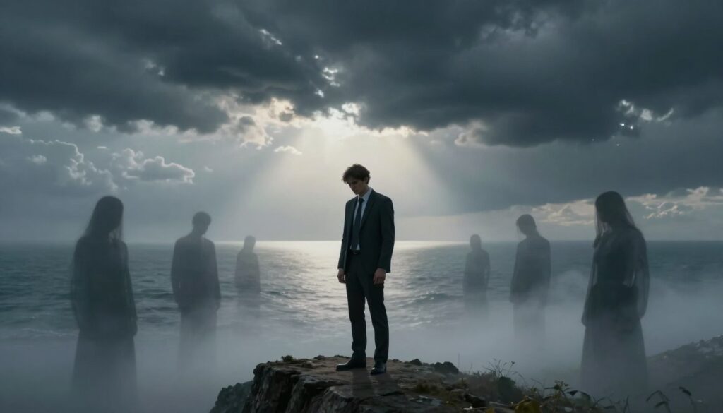 A surreal interpretation of the symbolic meaning of a dream about suicide. In the foreground, a figure in professional business attire, with a contemplative expression, stands at the edge of a misty cliff. Surrounding them are ethereal wisps of shadowy figures, representing thoughts of despair and vulnerability. The middle ground features a vast, tranquil sea, reflecting a stormy sky with dark clouds looming above, creating an atmosphere of tension and introspection. In the background, a faint light breaks through the clouds, symbolizing hope and the possibility of seeking help. The lighting is dramatic, with soft, diffused highlights illuminating the figure while maintaining a moody ambiance. The overall mood is somber yet introspective, inviting viewers to reflect on the complex emotions associated with dreams of self-harm.