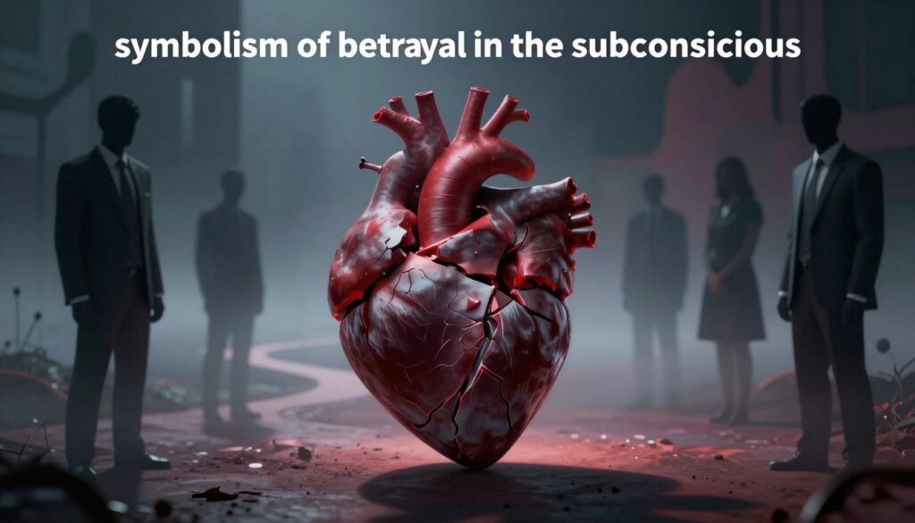 A surreal representation of "symbolism of betrayal in the subconscious" featuring a fragmented heart, depicted with sharp, jagged edges in the foreground. The heart emits a subtle glow, symbolizing pain and introspection. Surrounding the heart, shadowy figures in business attire convey secrecy and mistrust, their faces obscured to emphasize anonymity and hidden emotions. In the middle ground, a foggy, dreamlike landscape represents the subconscious, with winding paths leading towards a blurred horizon. The background is filled with abstract shapes and dark hues to evoke feelings of unease. Soft lighting bathes the scene, casting elongated shadows to enhance the mood of introspection and contemplation, creating a visually striking and thought-provoking atmosphere.