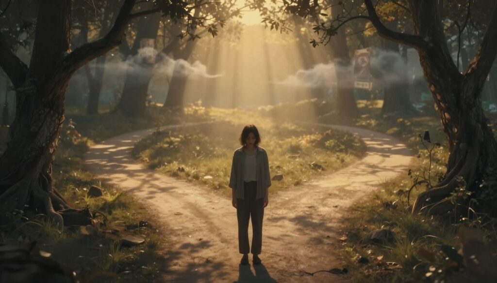 A surreal scene depicting a person in a dreamlike state, standing at a crossroads symbolizing a breakup. In the foreground, the individual appears contemplative, dressed in modest clothing, with a soft expression showing reflection. The middle ground features two divergent paths, one surrounded by dark, twisted trees representing sorrow, while the other is bathed in warm, golden light symbolizing hope and new beginnings. In the background, faint shadows of memories linger, like wispy clouds, hinting at past relationships. The lighting is ethereal, with gentle rays streaming through the trees, creating a mystical ambiance. The overall mood is introspective yet hopeful, capturing the essence of navigating between dream interpretations of separation and real-life emotional journeys.