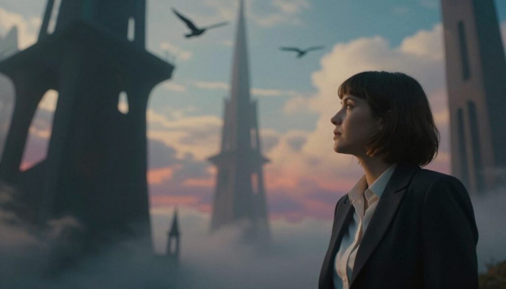 A surreal scene depicting the concept of freedom in dreams of abduction, with a foreground featuring a person in professional attire, looking contemplative as they gaze into the distance. In the middle ground, shadows of towering, abstract structures symbolize confinement and loss of control, intertwined with glimpses of open skies and flying birds that represent the longing for liberation. The background reveals a dreamlike landscape blending soft clouds with vibrant colors, creating an ethereal atmosphere. Soft, ambient lighting casts gentle highlights and deep shadows, evoking emotions of both tension and hope. The perspective should be slightly tilted to enhance the surreal feeling, inviting the viewer to reflect on the dichotomy of fear and the desire for change. A surreal scene depicting the concept of freedom in dreams of abduction, with a foreground featuring a person in professional attire, looking contemplative as they gaze into the distance. In the middle ground, shadows of towering, abstract structures symbolize confinement and loss of control, intertwined with glimpses of open skies and flying birds that represent the longing for liberation. The background reveals a dreamlike landscape blending soft clouds with vibrant colors, creating an ethereal atmosphere. Soft, ambient lighting casts gentle highlights and deep shadows, evoking emotions of both tension and hope. The perspective should be slightly tilted to enhance the surreal feeling, inviting the viewer to reflect on the dichotomy of fear and the desire for change.