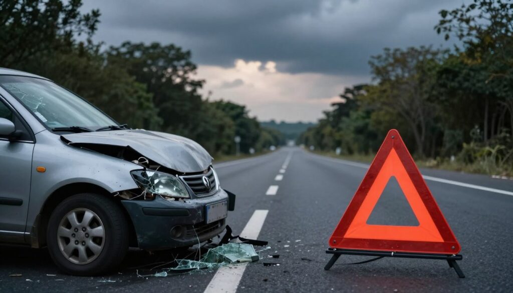 A symbolic representation of a car accident scene, conveying the themes of warning and caution. In the foreground, a crumpled car with shattered glass and a warning triangle nearby, symbolizing danger and alertness. The middle ground features an empty road, flanked by trees, creating a sense of isolation and reflection. In the background, a dimly lit sky with ominous clouds suggests an impending storm, enhancing the mood of foreboding. The light is soft and moody, with shadows emphasizing the wreckage. The angle is slightly elevated, providing a comprehensive view of the scene while maintaining a focus on the car and warning sign. The atmosphere is tense, inviting contemplation about safety on the road.