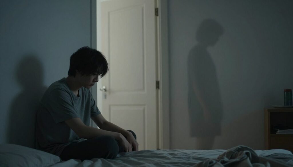 A symbolic representation of a disturbing dream about breaking up with a partner, depicting a person sitting on the edge of a bed in a somber, dimly lit bedroom. The foreground features the individual, a young adult in modest casual attire, looking contemplative with their head down, symbolizing vulnerability. In the middle, a partially open door casts a soft light into the room, creating an atmosphere of contemplation and transition. The background shows a blurred silhouette of another figure fading away, representing a lost connection. The lighting is soft and moody, evoking a sense of melancholy and introspection. The angle is slightly tilted to imply unease, enhancing the overall feeling of change and uncertainty. The color palette is muted with shades of grey and blue, emphasizing the theme of emotional turmoil and the potential for transformation.