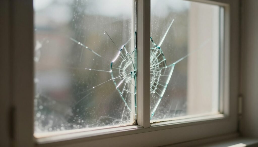 A close-up view of a window with two distinct panes, one a shattered glass scattering light into the room, symbolizing lost opportunities, and the other a carefully repaired piece, reflecting hope and resilience. The background shows a softly blurred indoor space with gentle natural light pouring in, enhancing the contrast between the jagged edges of the broken glass and the smooth surface of the fixed pane. Photography style emphasizes detail and texture, with a focus on the interplay of light and shadow. The atmosphere is contemplative, evoking feelings of introspection and decision-making. A shallow depth of field blurs the background slightly, directing attention to the window as the central focus of the image.