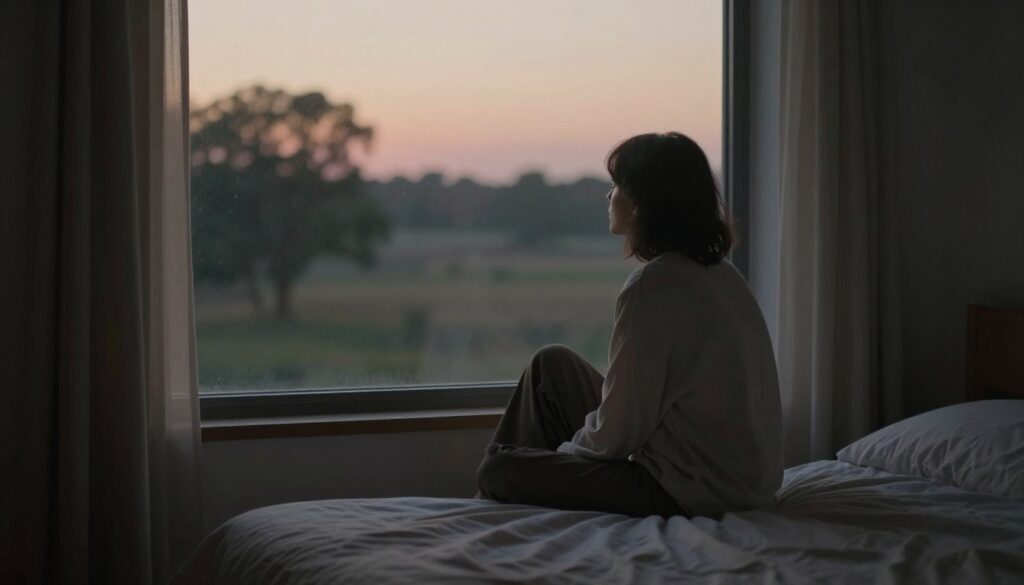 A contemplative dream scene featuring a large window through which soft, ethereal light is spilling into a dimly lit room. In the foreground, a figure sits pensively on the edge of a bed, dressed in modest, casual clothing, gazing out the window with a look of wistfulness and longing. The middle ground shows a serene, twilight landscape outside, with silhouettes of distant trees and gentle shadows, hinting at opportunities just out of reach. The background is a soft blur of color, emphasizing the dreamlike quality of the scene. The atmosphere is tranquil yet emotionally charged, capturing the essence of introspection and the transient nature of dreams. The lighting is soft and ambient, creating a warm glow that enhances the mood of reflection and yearning.