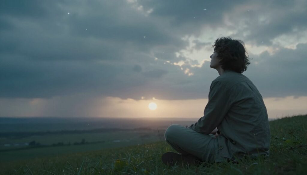 A contemplative scene illustrating the theme of "refleksja nad przyszłością" with a dreamlike atmosphere. In the foreground, a person in modest casual clothing sits cross-legged on a grassy hill, gazing thoughtfully at an expansive, surreal landscape. Their expression reflects a mixture of hope and concern. In the middle ground, visualize a horizon divided between stormy skies, symbolizing change and uncertainty, and a bright, serene sun rising, representing future possibilities. The background features ethereal clouds swirling above, merging into stars that hint at dreams and aspirations. Soft, ambient lighting creates a tranquil yet introspective mood, enhancing the feeling of reflection and contemplation, while a slightly blurred depth of field focuses attention on the figure. A contemplative scene illustrating the theme of "refleksja nad przyszłością" with a dreamlike atmosphere. In the foreground, a person in modest casual clothing sits cross-legged on a grassy hill, gazing thoughtfully at an expansive, surreal landscape. Their expression reflects a mixture of hope and concern. In the middle ground, visualize a horizon divided between stormy skies, symbolizing change and uncertainty, and a bright, serene sun rising, representing future possibilities. The background features ethereal clouds swirling above, merging into stars that hint at dreams and aspirations. Soft, ambient lighting creates a tranquil yet introspective mood, enhancing the feeling of reflection and contemplation, while a slightly blurred depth of field focuses attention on the figure.