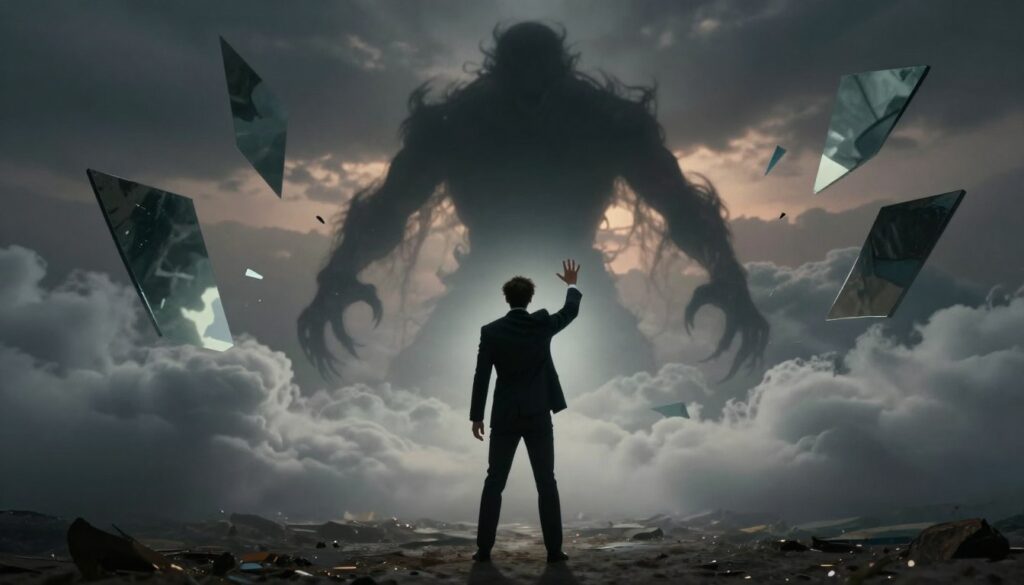 A dark, surreal dreamscape depicting a person in professional business attire standing resiliently in the foreground, facing a shadowy, monstrous figure representing inner demons. The individual, with a determined expression, extends a protective hand towards the demon, symbolizing the struggle and strategies for overcoming fear and inner turmoil. The middle ground showcases swirling clouds and fragmented mirrors reflecting past traumas, while the background features a hazy, dimly lit sky with hints of dawn breaking, representing hope and transformation. Soft, diffused lighting casts dramatic shadows, enhancing the tension of the scene. The atmosphere is one of struggle yet empowerment, inviting reflection on the inner battle against demons in dreams. A dark, surreal dreamscape depicting a person in professional business attire standing resiliently in the foreground, facing a shadowy, monstrous figure representing inner demons. The individual, with a determined expression, extends a protective hand towards the demon, symbolizing the struggle and strategies for overcoming fear and inner turmoil. The middle ground showcases swirling clouds and fragmented mirrors reflecting past traumas, while the background features a hazy, dimly lit sky with hints of dawn breaking, representing hope and transformation. Soft, diffused lighting casts dramatic shadows, enhancing the tension of the scene. The atmosphere is one of struggle yet empowerment, inviting reflection on the inner battle against demons in dreams.
