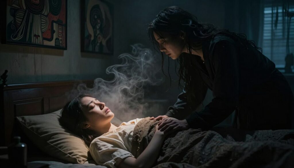 A dimly lit room filled with shadows, where an ethereal presence looms over a sleeping figure. In the foreground, a concerned individual watches a close loved one asleep, their face etched with worry. The sleeping person is bathed in a soft, warm light, contrasting with the cold, dark atmosphere surrounding them. Wisps of fog swirl around their head, suggesting the presence of inner demons. In the background, a wall adorned with abstract, haunting artwork reflects the turmoil of internal struggles. The scene is captured with a shallow depth of field, emphasizing the emotional weight between the two figures. The overall mood is tense and introspective, evoking feelings of unease and empathy, as if the viewer is witnessing a battle between peace and possession. A dimly lit room filled with shadows, where an ethereal presence looms over a sleeping figure. In the foreground, a concerned individual watches a close loved one asleep, their face etched with worry. The sleeping person is bathed in a soft, warm light, contrasting with the cold, dark atmosphere surrounding them. Wisps of fog swirl around their head, suggesting the presence of inner demons. In the background, a wall adorned with abstract, haunting artwork reflects the turmoil of internal struggles. The scene is captured with a shallow depth of field, emphasizing the emotional weight between the two figures. The overall mood is tense and introspective, evoking feelings of unease and empathy, as if the viewer is witnessing a battle between peace and possession.