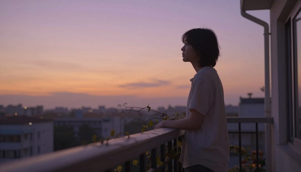 A dreamlike balcony scene viewed from an emotional perspective, capturing a sense of vulnerability and reflection. In the foreground, a soft, faded railing with delicate vines curling over it. The middle ground features a serene figure standing near the balcony edge, dressed in modest casual clothing, gazing thoughtfully into the distance; their expression conveys a mix of nostalgia and apprehension. The background shows a blurred cityscape at dusk, with warm hues of orange and lavender in the sky, casting gentle shadows. Use soft, ambient lighting to create a tranquil yet poignant atmosphere, with a focus on depth to emphasize the relationship between the figure and the balcony. Capture this scene with a slight upward angle, emphasizing the height and openness of the balcony perspective.