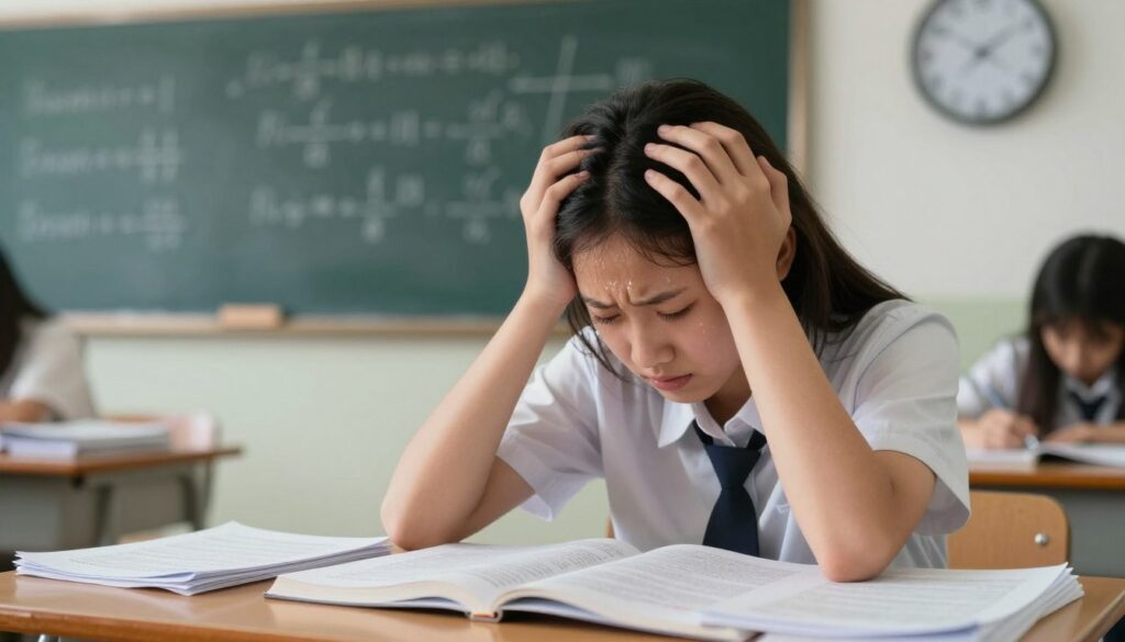 A dreamlike classroom scene depicting a student seated at a desk, visibly stressed as they take an exam. The foreground features a close-up of the student's anxious expression, wearing a smart casual outfit, sweat beads forming on their forehead. In the middle, scattered papers and an open textbook with notes can be seen, highlighting the pressure of preparation. The background includes a chalkboard filled with math equations and a clock showing time running out, casting a shadow to emphasize urgency. Soft, diffused lighting creates a surreal atmosphere, with a slight blur around the edges, enhancing the dreamlike quality. The overall mood is one of tension and anxiety, capturing the essence of academic stress in dreams. A dreamlike classroom scene depicting a student seated at a desk, visibly stressed as they take an exam. The foreground features a close-up of the student's anxious expression, wearing a smart casual outfit, sweat beads forming on their forehead. In the middle, scattered papers and an open textbook with notes can be seen, highlighting the pressure of preparation. The background includes a chalkboard filled with math equations and a clock showing time running out, casting a shadow to emphasize urgency. Soft, diffused lighting creates a surreal atmosphere, with a slight blur around the edges, enhancing the dreamlike quality. The overall mood is one of tension and anxiety, capturing the essence of academic stress in dreams.