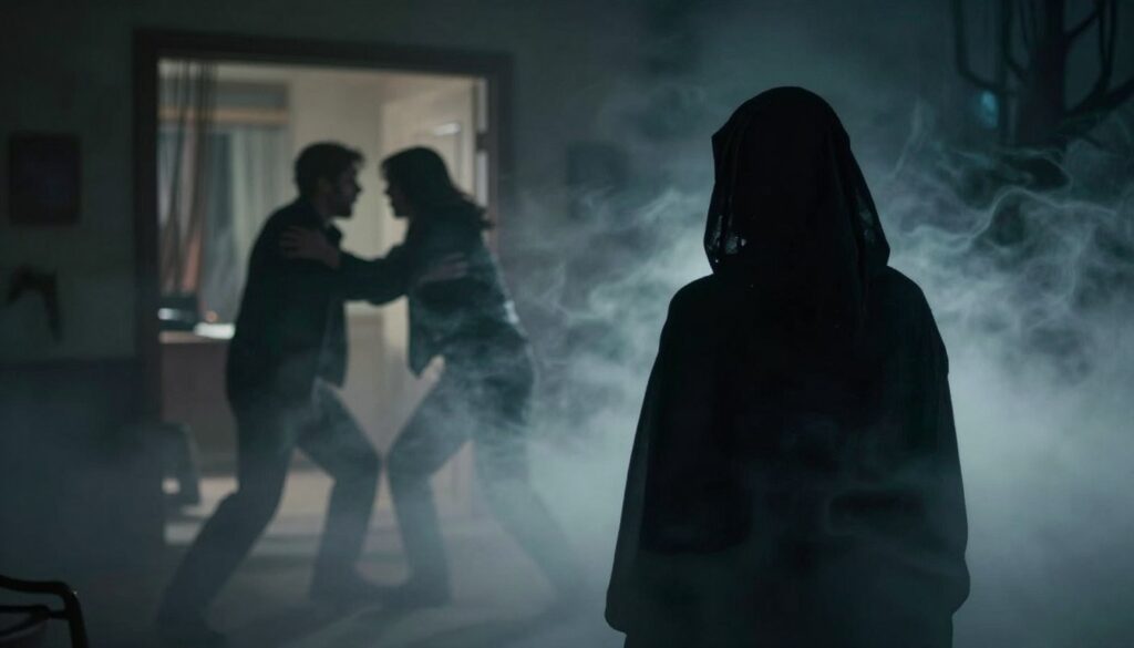 A dreamlike scene depicting a shadowy figure observing a tense and dramatic moment of a murder from an ethereal vantage point. In the foreground, capture the observer's silhouette, cloaked in mystery and positioned behind translucent mist, conveying a sense of detachment and fear. In the middle ground, a dimly lit room reveals a chaotic confrontation where two figures engage in a struggle, expressions filled with anger and suppressed emotions. The background is a blurred, nightmarish landscape, filled with dark, swirling shadows that enhance the feeling of dread. Use dramatic lighting with stark contrasts, emulating a chiaroscuro effect, to create an intense, unsettling atmosphere. The image should evoke feelings of tension and unease, providing a visceral representation of witnessing violence without direct involvement.