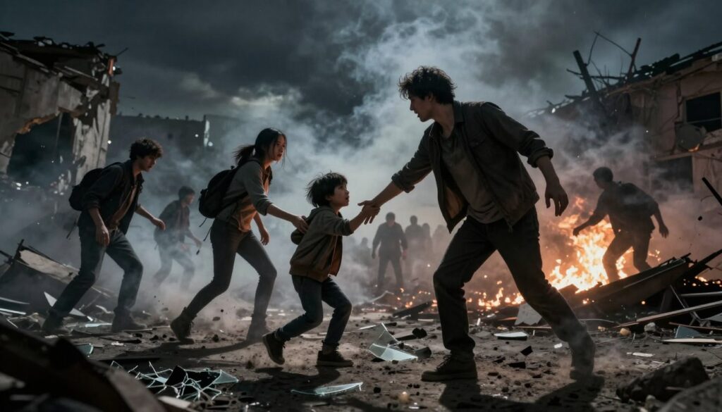 A heroic scene illustrating the concept of rescuing others during an apocalyptic dream. In the foreground, a determined individual in modest casual clothing reaches out to help a vulnerable child who looks fearful. In the middle ground, other figures struggle against a chaotic backdrop featuring crumbling buildings and dark, ominous skies. Shattered glass and debris scatter across the ground, with hints of flickering fire and smoke rising. The background showcases shadowy silhouettes of distant survivors, emphasizing a sense of urgency and despair. Dramatic lighting casts long shadows, creating an atmosphere of tension and desperation while hints of hope glimmer through the smoke. The composition should employ a slightly low angle to enhance the feeling of heroism, capturing the emotional weight of the moment. A heroic scene illustrating the concept of rescuing others during an apocalyptic dream. In the foreground, a determined individual in modest casual clothing reaches out to help a vulnerable child who looks fearful. In the middle ground, other figures struggle against a chaotic backdrop featuring crumbling buildings and dark, ominous skies. Shattered glass and debris scatter across the ground, with hints of flickering fire and smoke rising. The background showcases shadowy silhouettes of distant survivors, emphasizing a sense of urgency and despair. Dramatic lighting casts long shadows, creating an atmosphere of tension and desperation while hints of hope glimmer through the smoke. The composition should employ a slightly low angle to enhance the feeling of heroism, capturing the emotional weight of the moment.