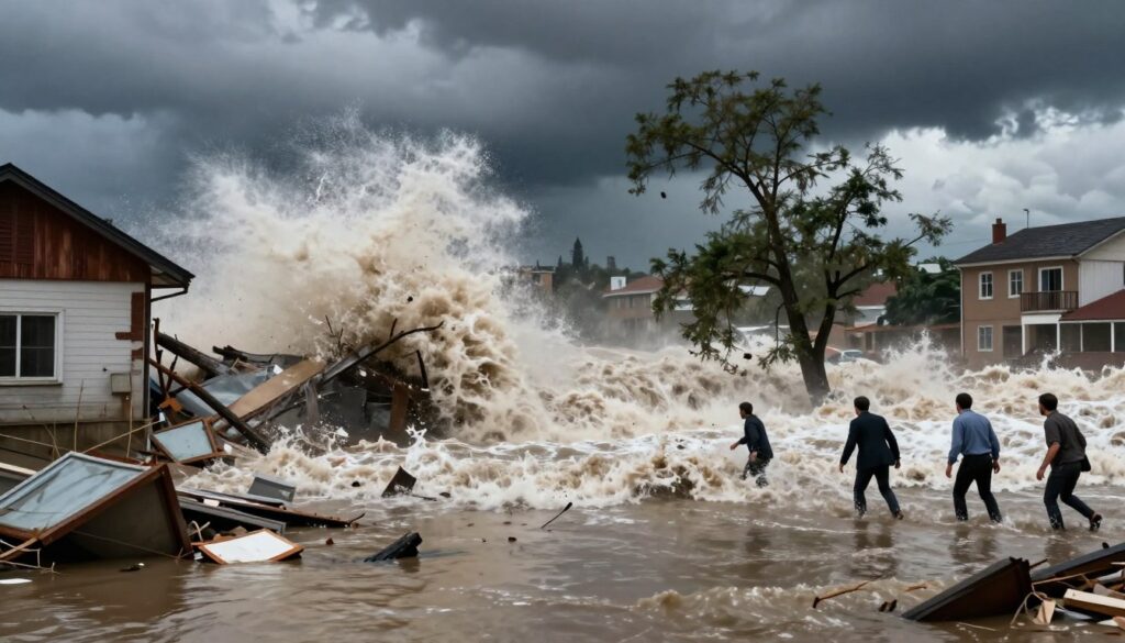 A powerful flood wave surges forward, crashing dramatically against a crumbling urban landscape. In the foreground, twisted debris and remnants of homes are partially submerged, reflecting a sense of chaos and destruction. Midground elements include distressed trees bending under the force of the water, while terrified silhouettes of people in professional, modest clothing are depicted attempting to escape the rising tide. The background reveals a dark, stormy sky, filled with swirling clouds that intensify the ominous atmosphere. Harsh lighting highlights the water's turbulent movement, creating dramatic shadows. The overall mood is one of urgency and impending threat, capturing the emotional turmoil associated with the flood's approach.