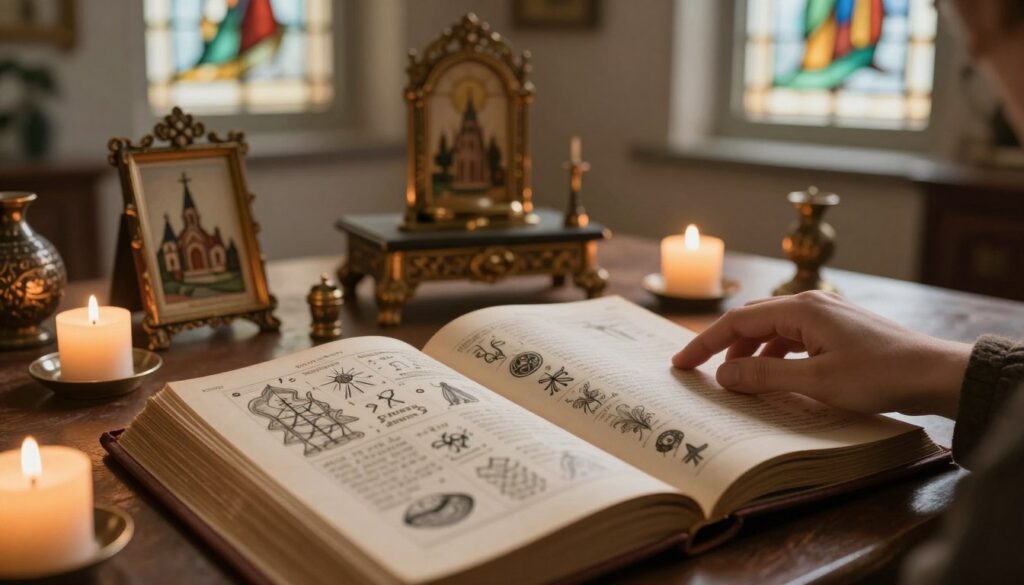 A serene and inviting interpretation of a traditional dream interpretation scene, showcasing an open, vintage dream dictionary filled with ornate illustrations, surrounded by delicate candles casting a warm glow. In the foreground, a hand gently touches the pages, with a soft focus on detailed symbols that represent various dreams. In the middle, a tranquil room setting is visible, adorned with traditional religious artifacts, such as a small altar and a framed picture of a church, suggesting a connection to prayer and healing. The background features softly blurred stained glass windows allowing gentle light to filter in, enhancing the peaceful atmosphere. The overall mood is contemplative and soothing, evoking a sense of exploration and understanding of dreams. Natural lighting, with a focus on warm tones, creates an intimate setting.