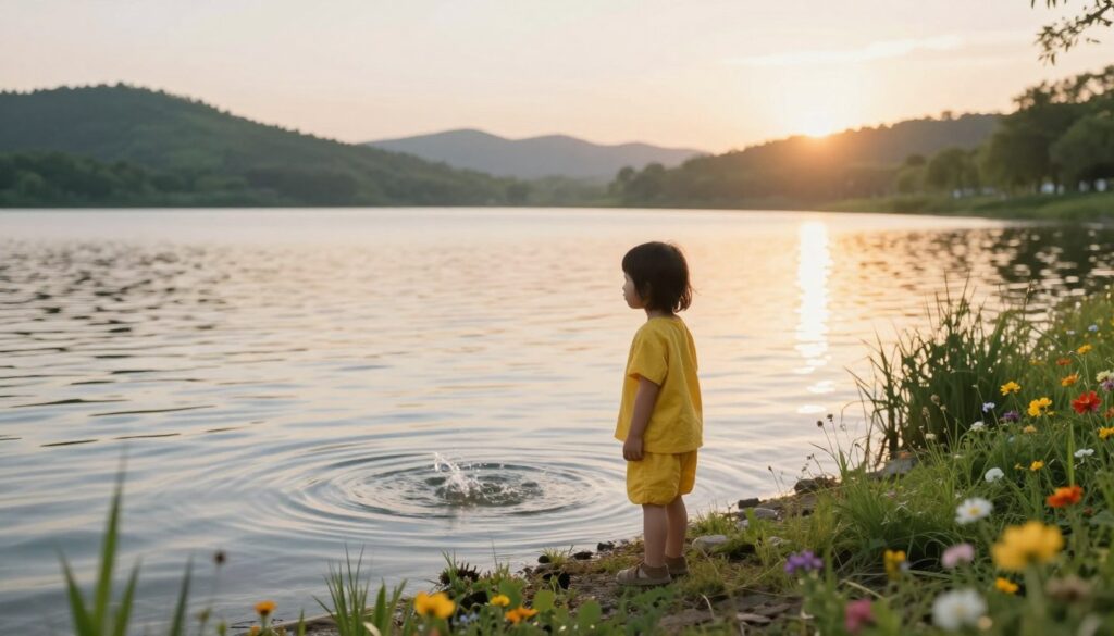 A serene and vivid scene depicting a young child standing at the edge of a tranquil lake, gazing curiously at the shimmering water. The child, dressed in a bright, modest outfit, seems lost in thought, reflecting innocence and wonder. In the middle ground, gentle ripples break the surface of the water, hinting at a recent splash. Grassy banks adorned with vibrant wildflowers frame the water’s edge, creating a peaceful and dreamlike atmosphere. The background features soft, rolling hills under a soft sunrise sky, casting a warm golden light that enhances the mood of contemplation. The image should evoke feelings of tranquility and introspection, capturing the essence of imagination and the subconscious. Focus on natural lighting to create a harmonious blend of colors and shadows.