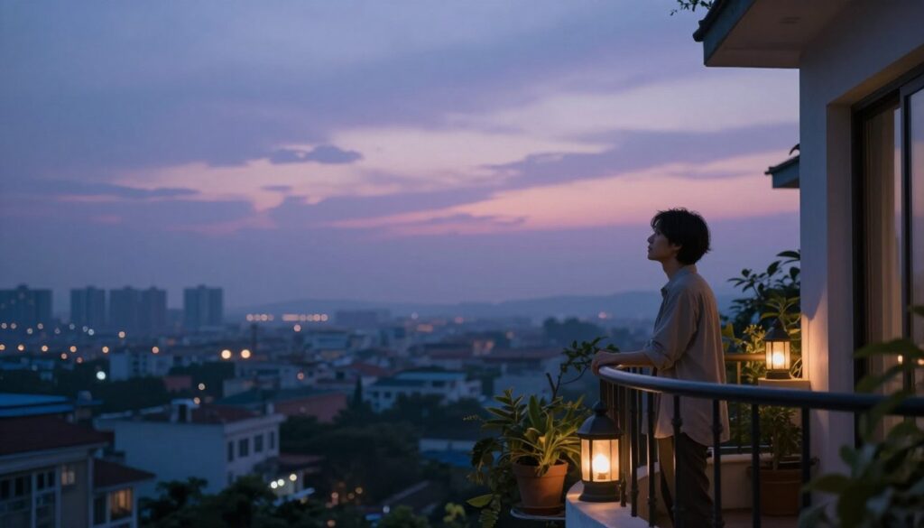 A serene balcony scene at twilight, symbolizing the intersection between dreams and reality. In the foreground, a well-decorated balcony with potted plants and soft, dim lanterns casting warm glows. A figure in modest casual clothing gazes thoughtfully over the railing, capturing a moment of reflection and introspection. The middle ground features an ethereal cityscape bathed in a soft, dusky light, blending the everyday with the dreamlike, hinting at life's uncertainties. In the background, a sky painted in gentle hues of lavender and deep blue, with wispy clouds subtly illuminated by the fading sun. The overall atmosphere conveys a sense of calm, contemplation, and the underlying complexities of human experience, evoking a mood that invites curiosity about the deeper meanings of life’s transitions.