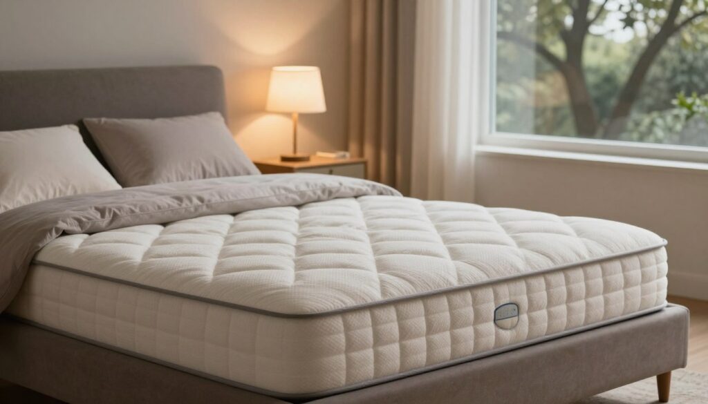 A serene bedroom setting designed to showcase the impact of a mattress on sleep quality. In the foreground, a plush, inviting mattress adorned with soft bedding in muted colors invites rest, bathed in warm, soft light. The middle ground features a nightstand with a gentle glow from a bedside lamp, creating a tranquil atmosphere. In the background, soft silhouettes of trees can be seen outside the window, suggesting a peaceful garden. The overall mood conveys comfort and reflection, with an emphasis on tranquility and the importance of restful sleep. The perspective is slightly angled, adding depth, with soft focus on the outer edges, drawing attention to the mattress as the central focus. A serene bedroom setting designed to showcase the impact of a mattress on sleep quality. In the foreground, a plush, inviting mattress adorned with soft bedding in muted colors invites rest, bathed in warm, soft light. The middle ground features a nightstand with a gentle glow from a bedside lamp, creating a tranquil atmosphere. In the background, soft silhouettes of trees can be seen outside the window, suggesting a peaceful garden. The overall mood conveys comfort and reflection, with an emphasis on tranquility and the importance of restful sleep. The perspective is slightly angled, adding depth, with soft focus on the outer edges, drawing attention to the mattress as the central focus.
