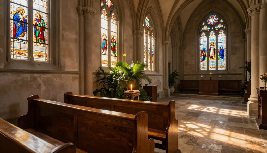 A serene church interior as a place of reflection and solace. In the foreground, a wooden pew bathed in soft, golden light from stained glass windows, glistening with religious symbols. The middle ground features a quiet corner with a flickering candle, surrounded by lush green plants, providing a peaceful atmosphere. In the background, the church’s high vaulted ceiling and intricately designed archways create an expansive feel, while rays of soft sunlight filter through the stained glass, casting colorful patterns on the stone floor. The warm, inviting ambiance evokes a sense of tranquility and introspection. Shot with a wide-angle lens, emphasizing depth and perspective, with natural light enhancing the spiritual mood of the space.